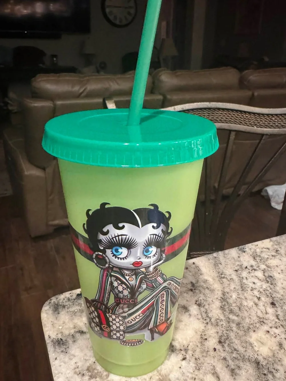 Gucci Betty Boop color changing Green Reusable Tumbler with Lid and Straw